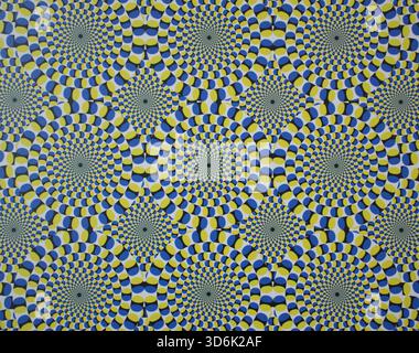 Illustrazione di illusione ottica con motivi circolari concentrici in blu, giallo e bianco vividi. Design a rotazione ipnotico, senso dinamico. Foto Stock