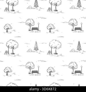 Panchina e lanterne nel parco, schizzo. Illustrazione vettoriale. Cespugli nell'erba e sul marciapiede, abeti, struttura senza cuciture isolata su un dorso bianco Illustrazione Vettoriale