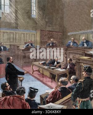 Caso Dreyfus: Emile Zola (1840-1902) alla corte della Senna per il processo di Alfred Dreyfus, 1898. Affaire Dreyfus : Emile Zola (1840-1902) a la cour d'assise de la Seine pour le proces d'Alfred Dreyfus, 1898. - Foto Stock