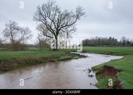 Un fiume inondato Freccia che attraversa terreni agricoli nel Warwickshire dopo giorni di piogge torrenziali innalza il livello del normale piccolo fiume di diversi metri. Foto Stock
