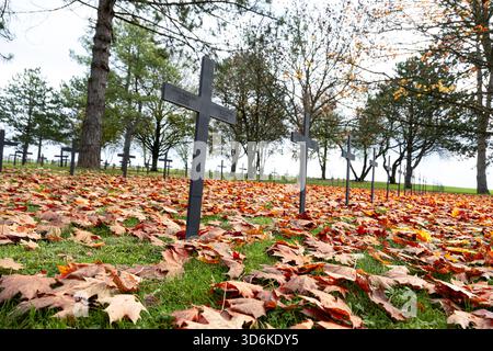 Croci tombe con i nomi dei soldati tedeschi caduti si trovano nel cimitero di guerra tedesco di Neuville-St Vaast, che è stata un'erita mondiale dell'UNESCO Foto Stock
