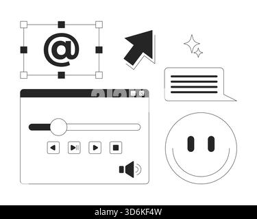 Comandi dell'interfaccia digitale e set di oggetti linea 2D emoji Illustrazione Vettoriale