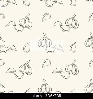 Motivo dell'aglio, disegno a mano del contorno su sfondo beige. Cucina e spezie, cibo aromatico. Illustrazione vettoriale Illustrazione Vettoriale