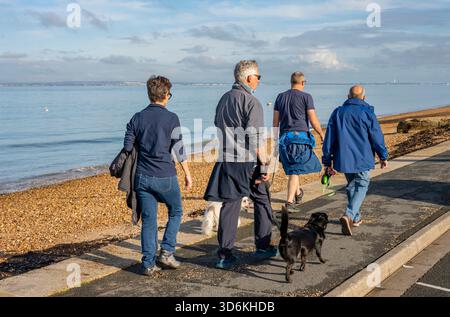 Persone che camminano lungo il lungomare di Cowes, sulla costa dell'isola di wight. Una coppia che cammina con un piccolo cane al mare. Foto Stock