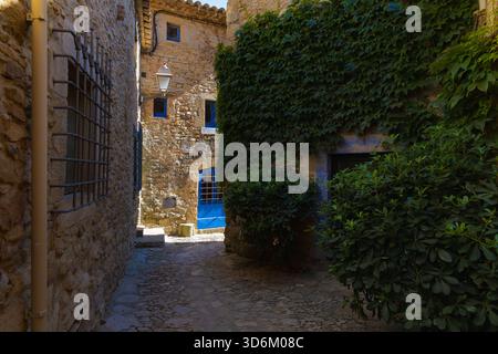 Affascinante vicolo nel centro storico di Peratallada, con pareti ricoperte di edera, porte e finestre blu e lussureggianti piante verdi. Foto Stock