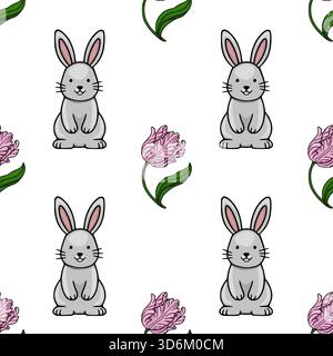 Adorabile motivo vettoriale senza cuciture con simpatici coniglietti di cartoni animati e delicati tulipani rosa, perfetto per i disegni a tema primaverile. Illustrazione Vettoriale