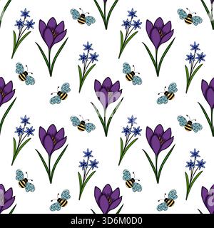 Motivo vettoriale senza cuciture di croci viola in fiore e delicati fiori di scilla blu con allegri bumblebees, che evocano l'incanto primaverile. Illustrazione Vettoriale