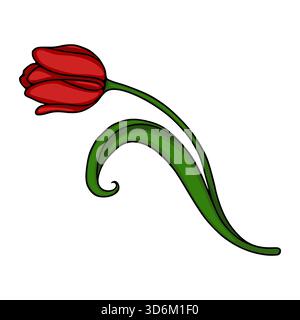 Tulipano rosso stilizzato con stelo e foglia verdi ricurvi, isolato su bianco, illustrazione vettoriale. Illustrazione Vettoriale