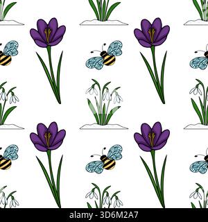 Affascinante motivo vettoriale senza cuciture caratterizzato da vivaci croci viola, delicate nevicate che emergono dalla neve e allegri api a righe contro un W pulito Illustrazione Vettoriale