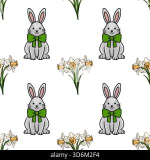 Affascinante motivo vettoriale con graziosi coniglietti grigi con fiocchi verdi e narcisi in fiore, perfetto per i disegni a tema primaverile. Illustrazione Vettoriale