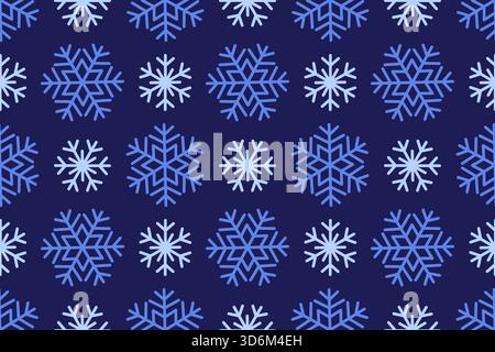 Motivo senza cuciture con fiocchi di neve blu su sfondo scuro. Design pulito. Stile piatto alla moda disegnato a mano. Perfetto per l'arredamento invernale, la carta da imballaggio per le vacanze, i tessuti, gli sfondi e i design natalizi Illustrazione Vettoriale