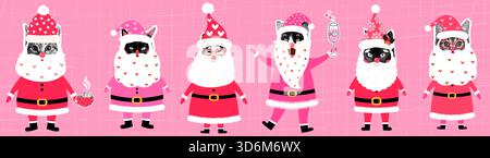 Simpatici gatti di Babbo Natale con maglioni di Natale simpatici e collage mezzitoni per i disegni natalizi Illustrazione Vettoriale