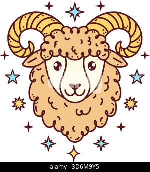 Carino cartoni animati con segni zodiacali di Ariete, testa di ariete kawaii disegnata a mano con corna ricciolate, lana soffice e stelle circostanti. Illustrazione Vettoriale