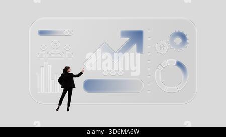Poster minimalista. Donna d'affari che analizza le icone lucide del cruscotto con emozione motivata Foto Stock