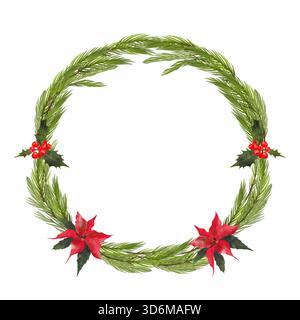 Illustrazione ad acquerello di una corona di Natale con rami di abete e un fiore rosso poinsettia. Foto Stock