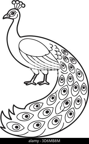 Design della pagina di colorazione grafica della linea Peacock Illustrazione Vettoriale