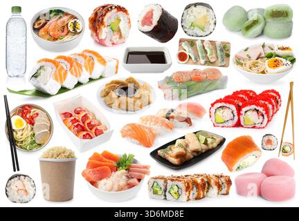 Set di cibo asiatico isolato su bianco Foto Stock