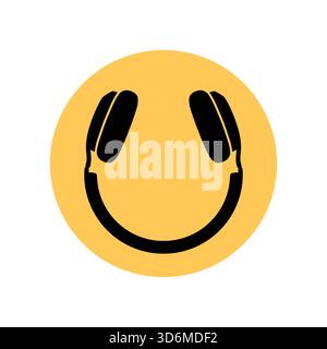 Logo delle cuffie Smiley. Illustrazione del design del viso delle cuffie emoji, vettoriale. Illustrazione Vettoriale