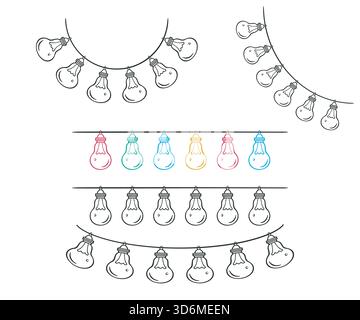 Lampada da vacanza set garland. Contorno inchiostro per pennarello nero, stile di schizzo a doodle colorato, linea traccia blob disegnata a mano. Festa natalizia con gli archi Illustrazione Vettoriale