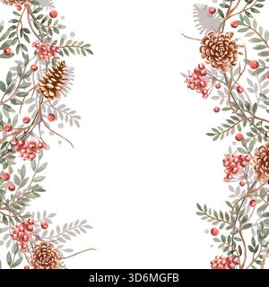 Una cornice quadrata con una composizione di rami e coni di pino. Illustrazione isolata ad acquerello per il design di confezioni natalizie, decorazioni per interni, AN Foto Stock