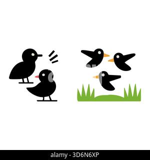 Illustrazione di uccelli neri in diverse disposizioni su sfondo bianco Illustrazione Vettoriale