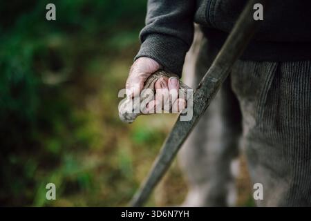 Vecchio che tiene un bastone di legno in una foresta Foto Stock