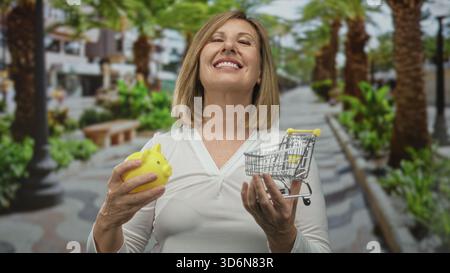 Donna con salvadanaio giallo in mano destra e carrello in miniatura in mano sinistra in strada sorridente con gli occhi chiusi; libertà finanziaria. Foto Stock