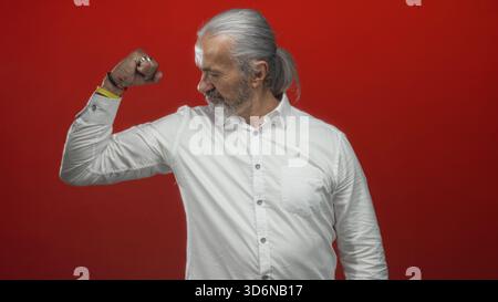Uomo che si flette bicipite in uno studio rosso indossando una camicia bianca e una coda di cavallo, barba visibile mentre guarda il braccio; forza di sicurezza. Foto Stock