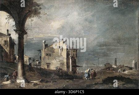 GUARDI, Francesco (B. 1712, Venezia, d. 1793, Venezia) Capriccio con motivi veneziani anni '1760 olio su tela, cm 33 x 51 Museo di Castelvecchio, Verona oltre un'unica colonna di un portico in rovina lo spettatore si affaccia su una grande casa indipendente in un paesaggio che ricorda la laguna. A sinistra dietro la rovina sovrastata si possono vedere altre due case. Il lato destro dell'immagine offre una vista di un'ampia distesa d'acqua con un certo numero di barche a vela, una torre e diversi edifici non definiti sullo sfondo. Solo poche figure animano la rappresentazione. Guardi ha basato la composizione Foto Stock