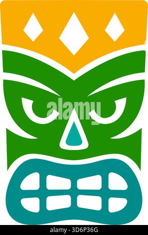 Maschera tiki ornamentale con corona in colori tribali brillanti. Design vettoriale in stile polinesiano per festival artistici, motivi tatuaggi e decorazioni culturali Illustrazione Vettoriale