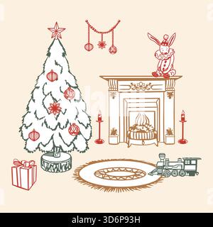 Interno natalizio con caminetto, tappeto, abete, candele, treno e coniglietto. Illustrazione vettoriale a colori pastello disegnata a mano per la carta di Capodanno Illustrazione Vettoriale