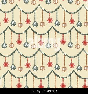 Decorazioni dell'albero di Natale e perline senza cuciture. Illustrazione grafica grafica a linee pastello disegnata a mano per le carte di Capodanno. Adatto per tessuti Illustrazione Vettoriale