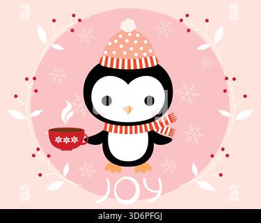 Grazioso pinguino invernale con cappello e sciarpa e tazza di caffè. Biglietto di auguri di Natale Illustrazione Vettoriale