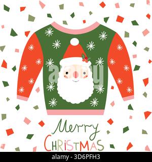 Maglione rosso, rosa e verde vettoriale brutto natalizio con biglietto di auguri di Babbo Natale con sfondo astratto coriandoli Illustrazione Vettoriale