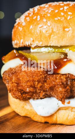 Hamburger katsu di pollo fritto coreano croccante con salsa salata in un panino morbido. Perfetto per la cucina fusion asiatica, le tendenze gastronomiche e le promozioni dei ristoranti. Foto Stock