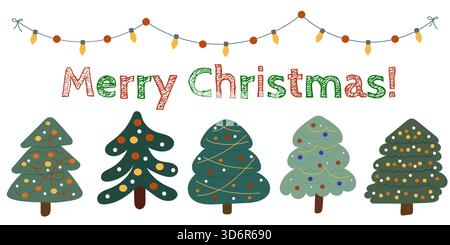 Alberi di Natale con luci. Illustrazione disegnata a mano. Illustrazione Vettoriale