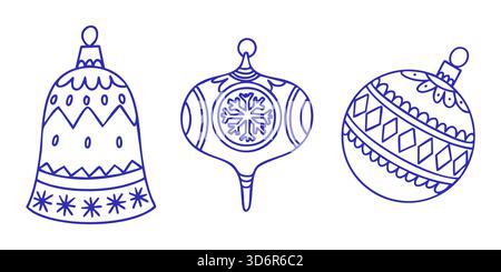 Set di decorazioni natalizie disegnate a mano con campane e baule. Illustrazione del contorno isolato vettoriale. Illustrazione Vettoriale