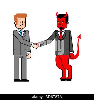 Affari con il concetto del diavolo. Uomo d'affari che stringe la mano a un demone, simboleggia un contratto rischioso, una tentazione o un accordo non etico. Illustrazione Vettoriale