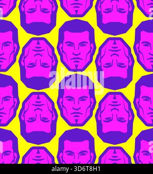 Facce con pattern senza cuciture e colori neon vivaci. Sfondo vettoriale per temi di arte astratta, moda moderna o tecnologia digitale. Illustrazione Vettoriale