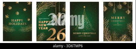 Set di biglietti d'auguri di Natale 2026 Green & Gold. Design di lusso moderno con rami di Fir, ornamenti e fiocchi di neve Illustrazione Vettoriale
