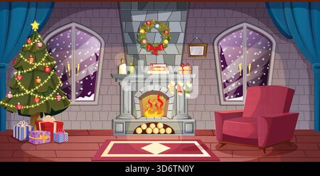 Accogliente soggiorno festivo con caminetto, poltrona, albero di Natale, regali e decorazioni natalizie. Sfondo invernale innevato di cartoni animati Illustrazione Vettoriale