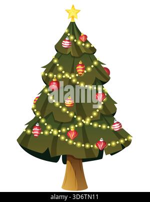 Albero di Natale decorato con luci delle fate, una varietà di baule e Gold Star come Tree Topper. Grafica festiva isolata Illustrazione Vettoriale