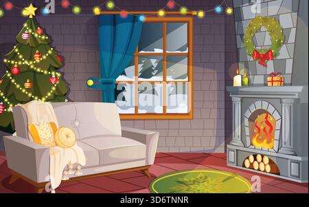 Soggiorno con caminetto, divano, tappeto, albero di Natale e luci colorate delle fate. Vista dalla finestra all'aperto innevata. Sfondo di cartoni animati decorato a Natale Illustrazione Vettoriale
