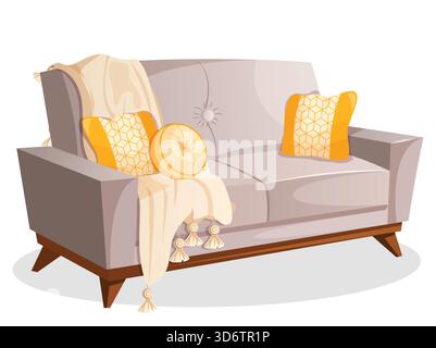 Divano a due posti moderno e confortevole con cuscini e coperta. Elemento di arredamento moderno Illustrazione Vettoriale