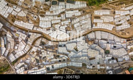 Vista aerea della Valle dell'Anana con antiche terrazze saline, Paesi Baschi, Spagna Foto Stock