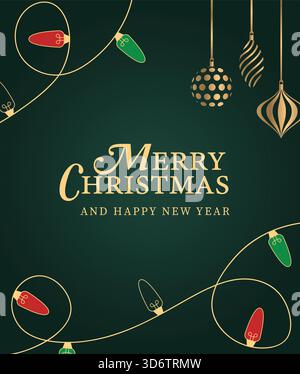 Buon Natale e felice Capodanno con decorazioni dorate e luci natalizie. Modello moderno minimalista per le feste Illustrazione Vettoriale