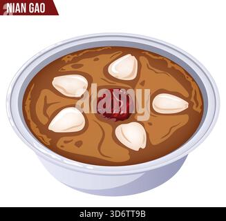 Torta di Capodanno cinese o Nian Gao con condimenti a secco di Jujube e Ginkgo Nuts. Illustrazione della tradizionale torta di riso glutinosa e adesiva isolata Illustrazione Vettoriale