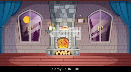 Corridoio del soggiorno vuoto con accogliente caminetto, finestra con vista sulla luna, candele e pavimento in legno con pareti in pietra sullo sfondo notturno interno Illustrazione Vettoriale