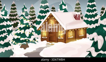 Paesaggio invernale accogliente cabina in legno con camino circondata da alberi ricoperti di neve. Opere d'arte di Snowy Forest Cartoon Illustrazione Vettoriale