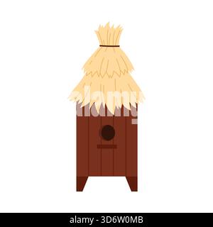 Alveare rustico in legno con tetto in paglia per la produzione di miele, isolato su illustrazione vettoriale bianca Illustrazione Vettoriale